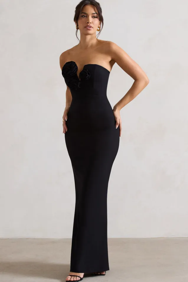 Enticed | Black Strapless V-Neck Maxi Dress With Flowers