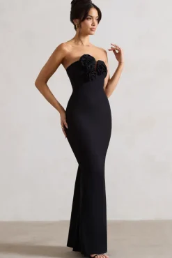 Enticed | Black Strapless V-Neck Maxi Dress With Flowers