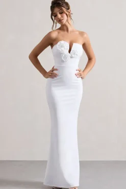 Enticed | White Strapless V-Neck Maxi Dress With Flowers