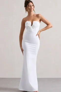 Enticed | White Strapless V-Neck Maxi Dress With Flowers