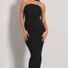 Entranced | Black Ruched Bandeau Maxi Dress With Halter Collar