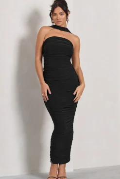 Entranced | Black Ruched Bandeau Maxi Dress With Halter Collar