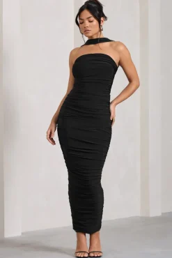 Entranced | Black Ruched Bandeau Maxi Dress With Halter Collar
