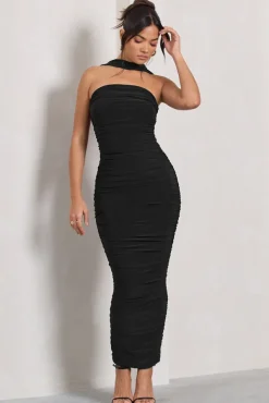 Entranced | Black Ruched Bandeau Maxi Dress With Halter Collar
