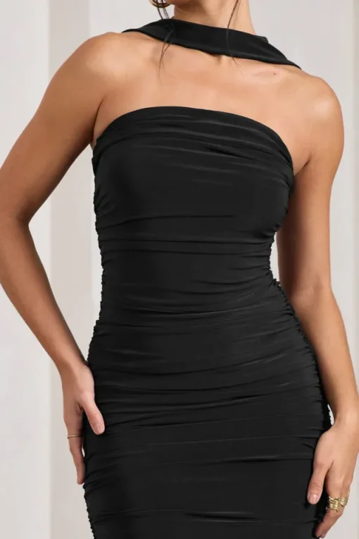 Entranced | Black Ruched Bandeau Maxi Dress With Halter Collar