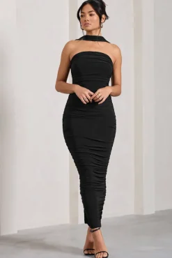 Entranced | Black Ruched Bandeau Maxi Dress With Halter Collar