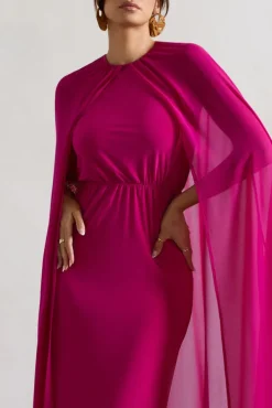 Envy | Pink High-Neck Maxi Dress With Chiffon Cape