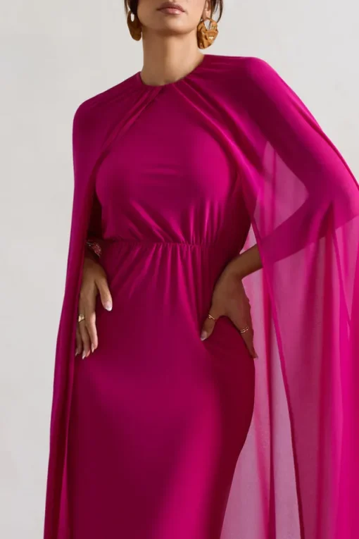 Envy | Pink High-Neck Maxi Dress With Chiffon Cape