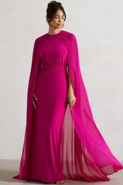 Envy | Pink High-Neck Maxi Dress With Chiffon Cape