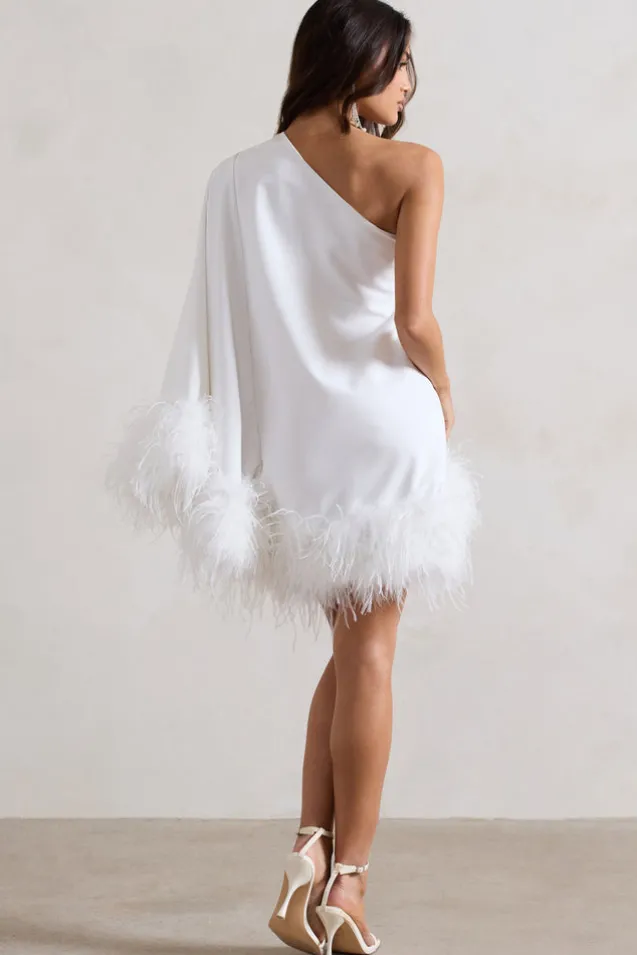 Epiphany | White One Shoulder Cape Sleeve Mini Dress With Feathers