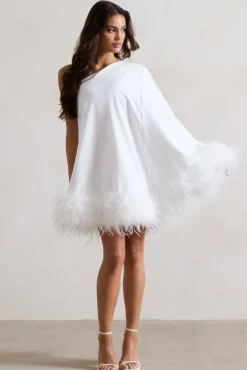 Epiphany | White One Shoulder Cape Sleeve Mini Dress With Feathers