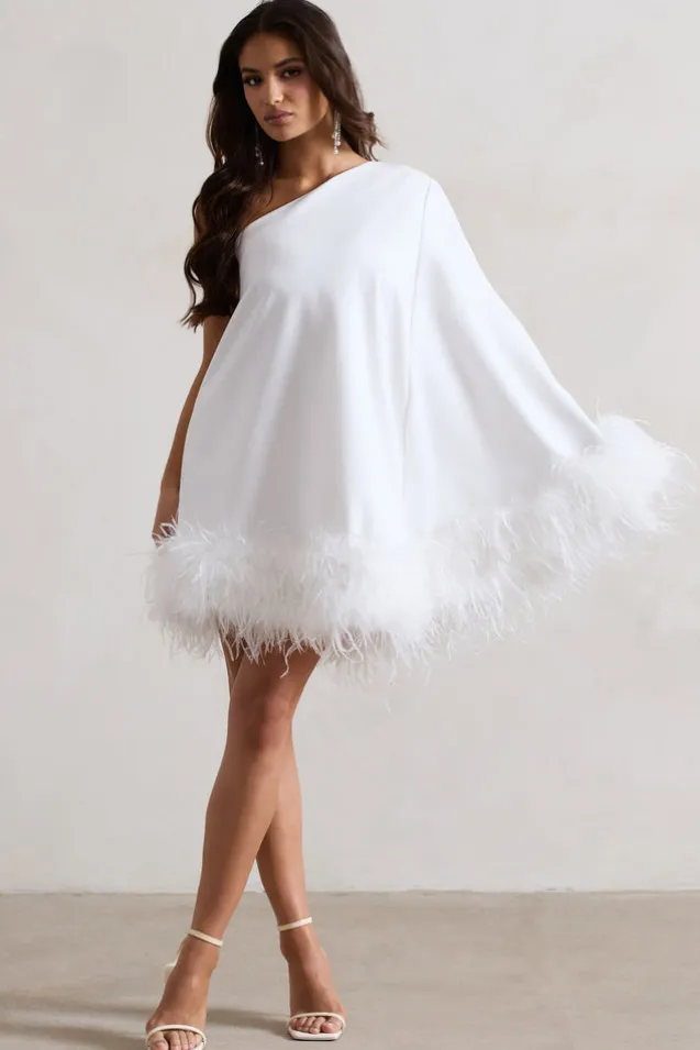 Epiphany | White One Shoulder Cape Sleeve Mini Dress With Feathers