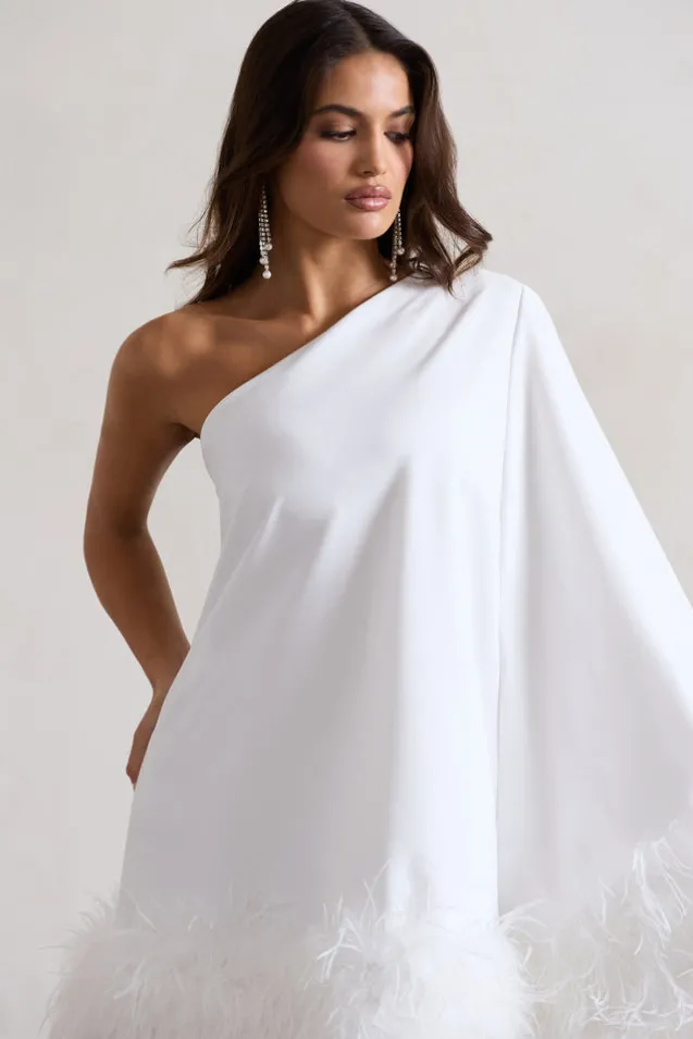 Epiphany | White One Shoulder Cape Sleeve Mini Dress With Feathers