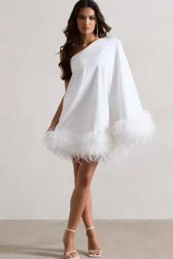 Epiphany | White One Shoulder Cape Sleeve Mini Dress With Feathers