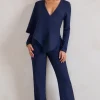 Erika | Navy Plunge Jumpsuit with One-Shoulder Cape Overlay