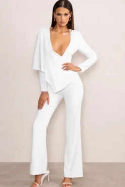 Erika | White Plunge Jumpsuit with One-Shoulder Cape Overlay