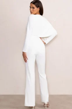 Erika | White Plunge Jumpsuit with One-Shoulder Cape Overlay