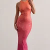 Escala | Pink u0026 Orange Ombre Embellished Racer-Neck Maxi Dress