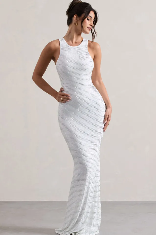 Escala | White Embellished Racer-Neck Maxi Dress