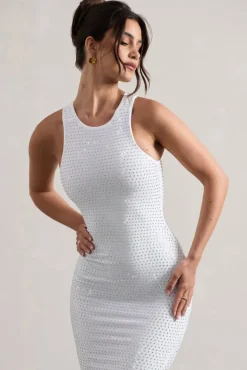 Escala | White Embellished Racer-Neck Maxi Dress