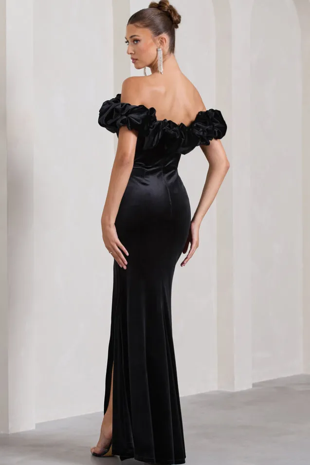 Esmeralda | Black Velvet Structured Ruffled Bardot Maxi Dress