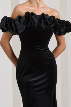 Esmeralda | Black Velvet Structured Ruffled Bardot Maxi Dress