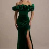 Esmeralda | Bottle Green Velvet Structured Ruffled Bardot Maxi Dress