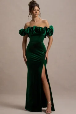 Esmeralda | Bottle Green Velvet Structured Ruffled Bardot Maxi Dress