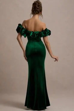 Esmeralda | Bottle Green Velvet Structured Ruffled Bardot Maxi Dress