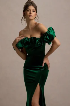 Esmeralda | Bottle Green Velvet Structured Ruffled Bardot Maxi Dress