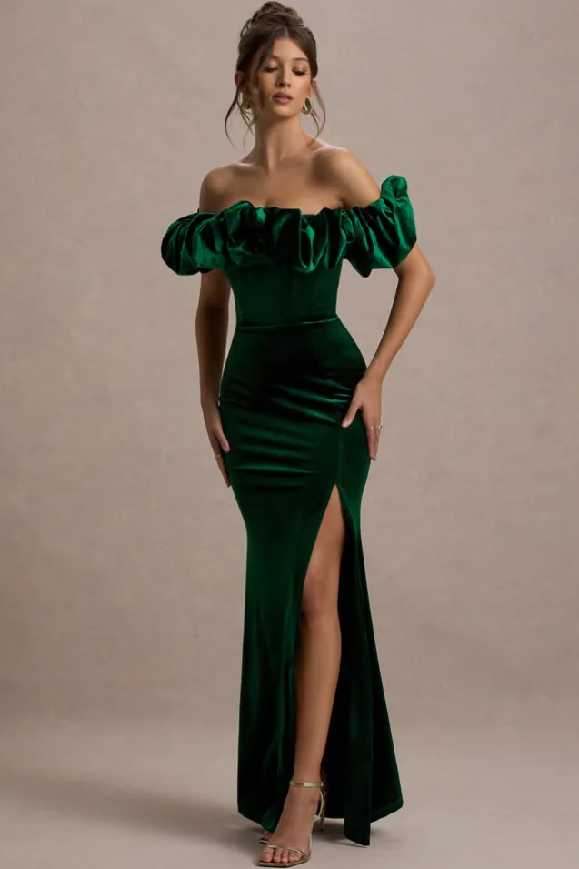 Esmeralda | Bottle Green Velvet Structured Ruffled Bardot Maxi Dress