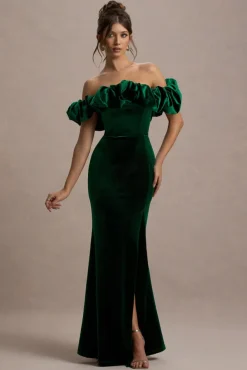 Esmeralda | Bottle Green Velvet Structured Ruffled Bardot Maxi Dress