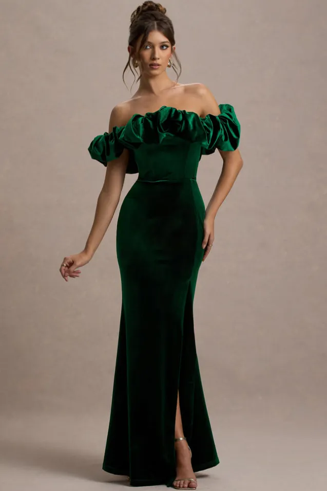 Esmeralda | Bottle Green Velvet Structured Ruffled Bardot Maxi Dress