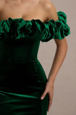 Esmeralda | Bottle Green Velvet Structured Ruffled Bardot Maxi Dress