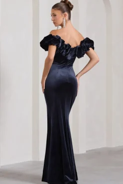 Esmeralda | Navy Velvet Structured Ruffled Bardot Maxi Dress