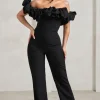 Esmie | Black Structured Statement Bardot Wide Leg Jumpsuit