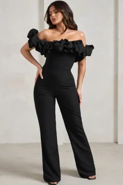 Esmie | Black Structured Statement Bardot Wide Leg Jumpsuit