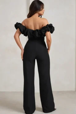 Esmie | Black Structured Statement Bardot Wide Leg Jumpsuit