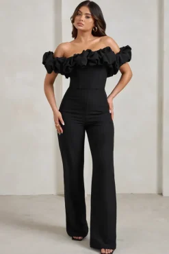 Esmie | Black Structured Statement Bardot Wide Leg Jumpsuit