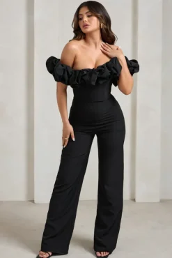 Esmie | Black Structured Statement Bardot Wide Leg Jumpsuit