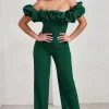 Esmie | Bottle Green Structured Statement Bardot Wide Leg Jumpsuit