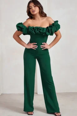 Esmie | Bottle Green Structured Statement Bardot Wide Leg Jumpsuit