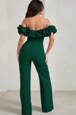 Esmie | Bottle Green Structured Statement Bardot Wide Leg Jumpsuit