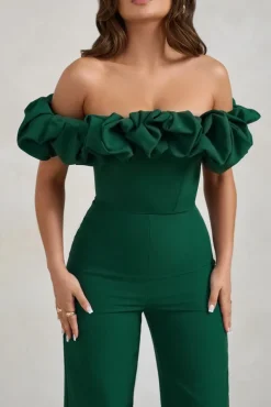 Esmie | Bottle Green Structured Statement Bardot Wide Leg Jumpsuit