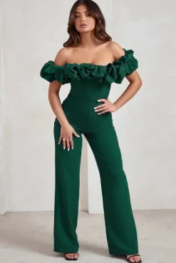 Esmie | Bottle Green Structured Statement Bardot Wide Leg Jumpsuit