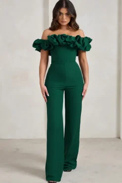 Esmie | Bottle Green Structured Statement Bardot Wide Leg Jumpsuit