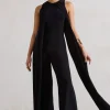 Essence | Black High-Neck Wide-Leg Jumpsuit With Cape