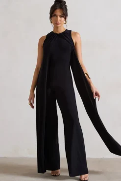 Essence | Black High-Neck Wide-Leg Jumpsuit With Cape