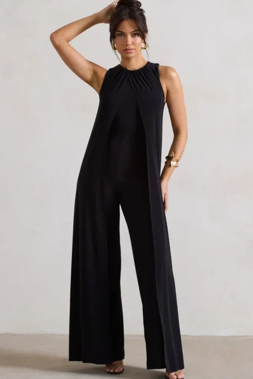 Essence | Black High-Neck Wide-Leg Jumpsuit With Cape