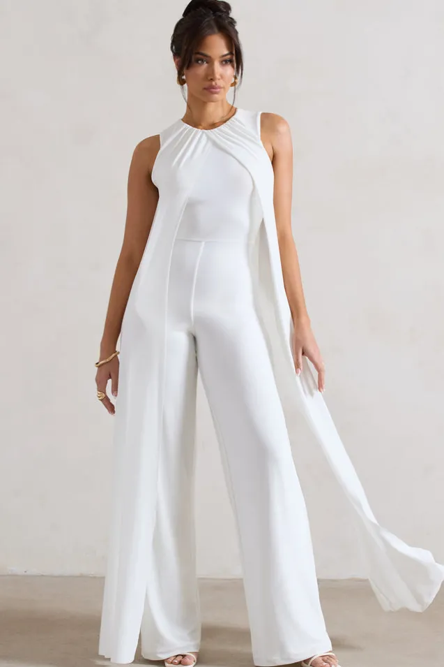 Essence | White High-Neck Wide-Leg Jumpsuit With Cape
